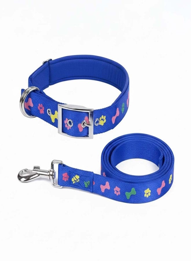 Pets Empire Soft Padded Paw and Bone Printed Dog Leash Collar Set Nylon Foam Soft Adjustable Pet Cat Durable Collar (XLarge Neck 51-60cm, Blue) - Image 1